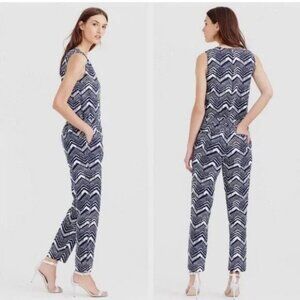 J Crew Navy & White Chevron Stripe Sleeveless V-Neck linen Jumpsuit Overall 2